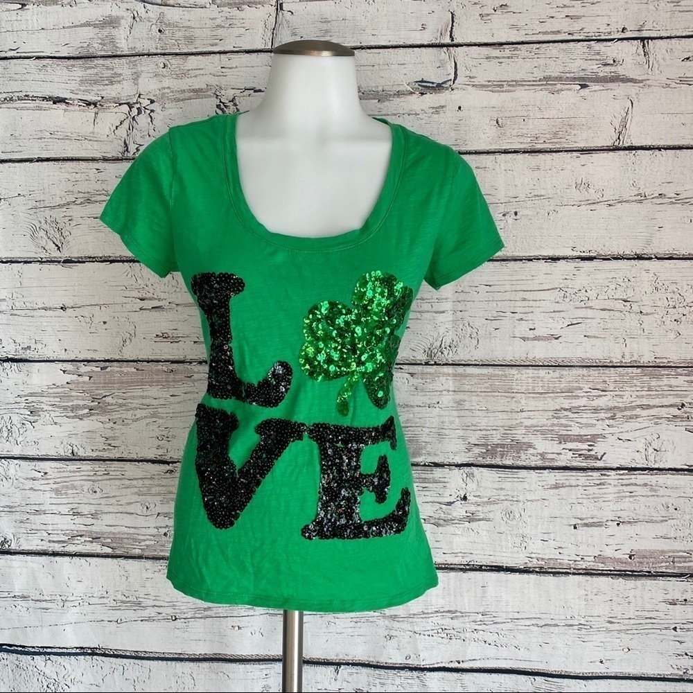 Express Green Sequin Shamrock Love T-Shirt